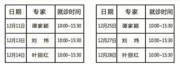 徐州市三院名醫(yī)館譚家穎、劉煒、葉麗紅12月份坐診安排